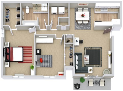 Floor plan for 2 beds, 1 bath, 861 sqft
